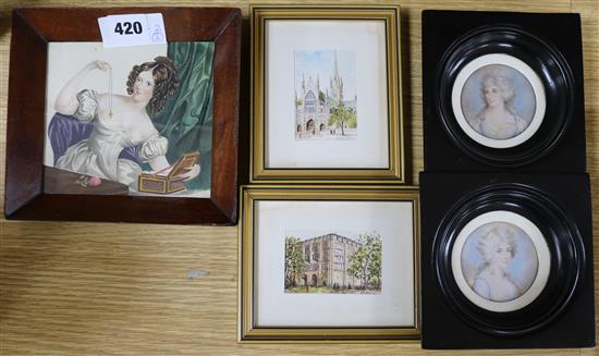 A pair of 19th century portrait miniatures on ivory, Lady Ossulton & Lady Lyndhurst, 6cm. and three other watercolours